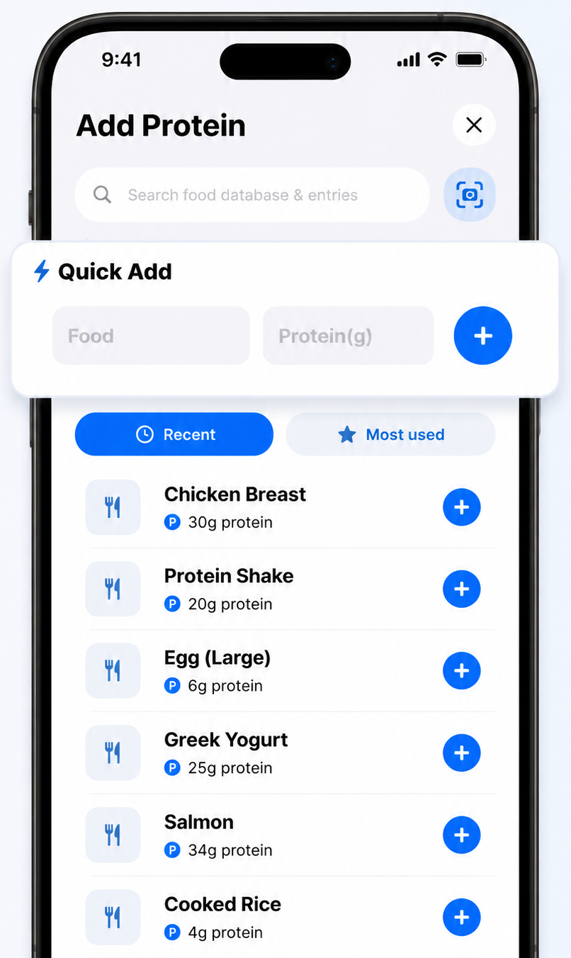 Protein Tracker AI quick add screen for logging foods manually