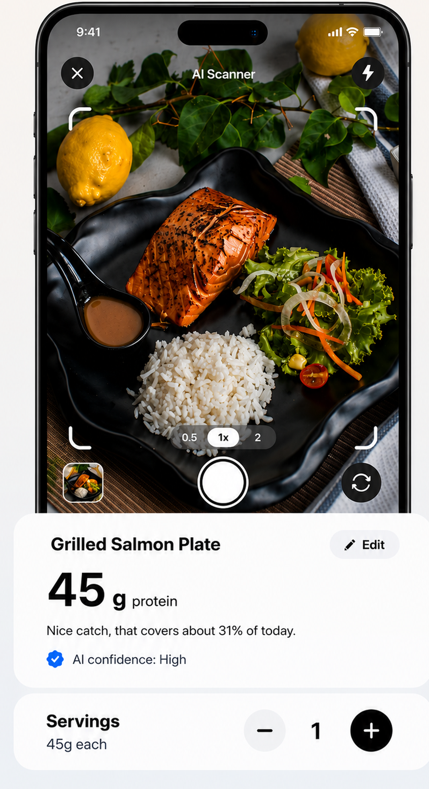 Protein Tracker AI scanner reading a grilled salmon plate and estimating 45 g of protein with high confidence